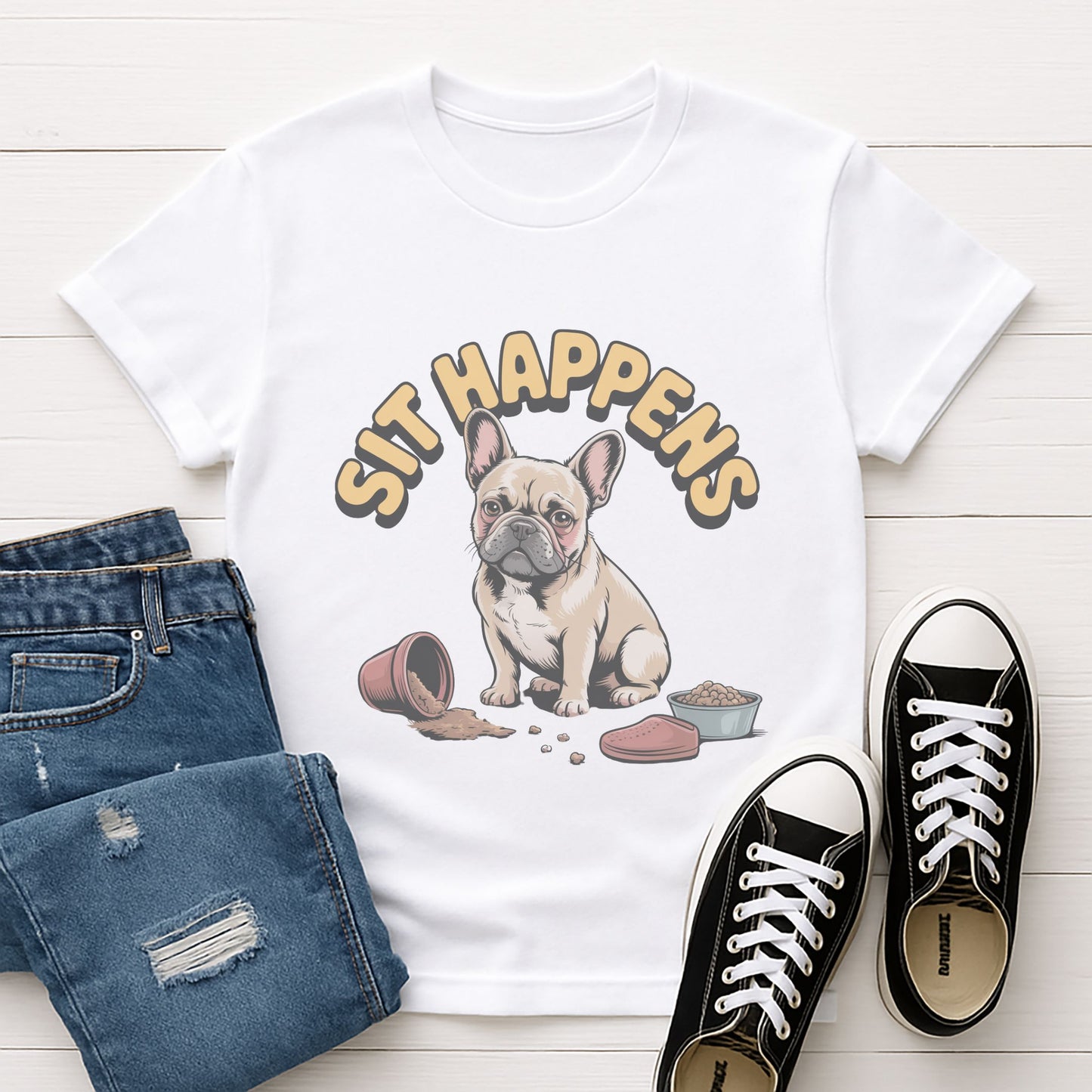 White Gildan 6400 unisex t-shirt with retro dog graphic and ‘Sit Happens text, perfect for dog lovers.