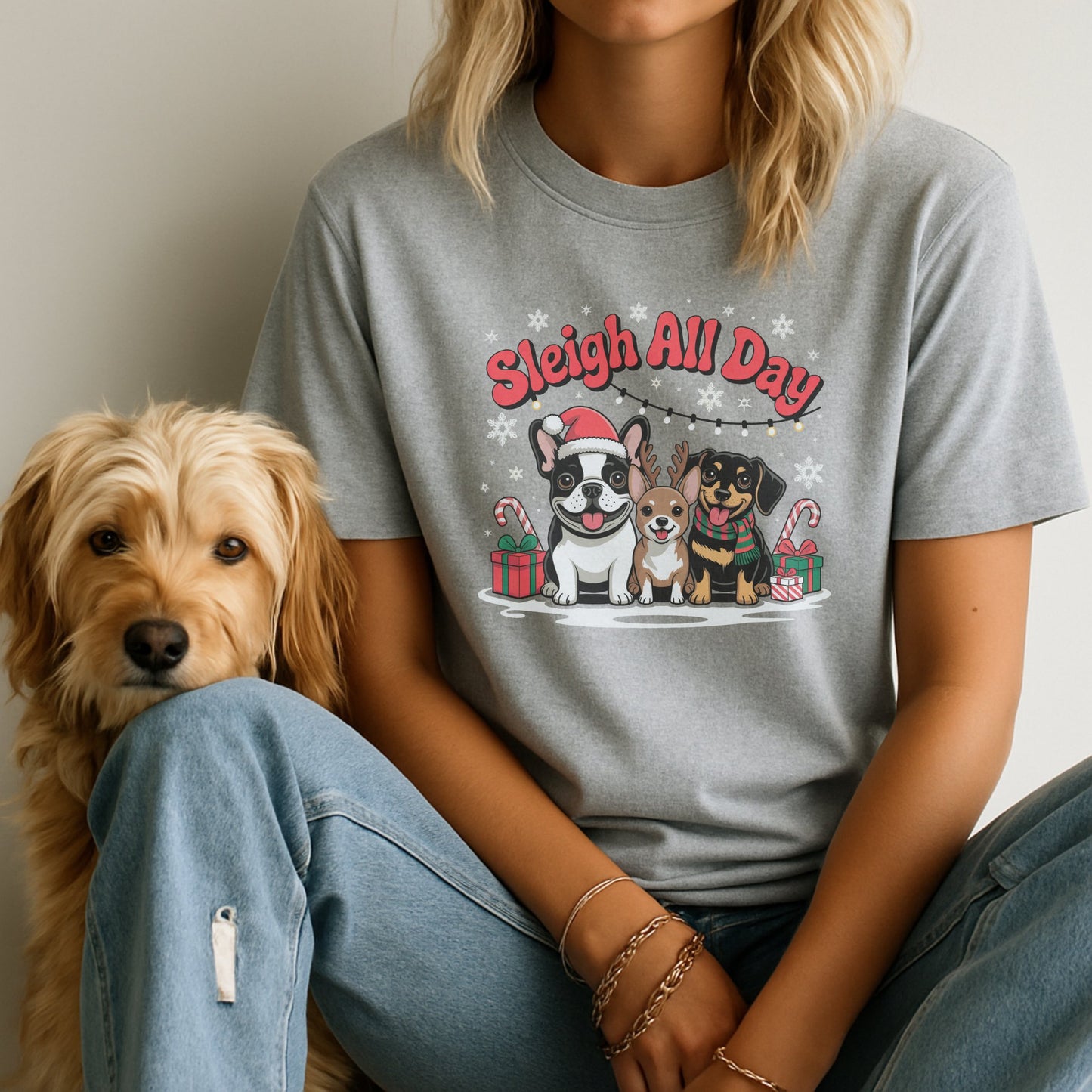 Sport Gray Gildan 6400 unisex t-shirt with retro dog graphic and ‘Sleigh All Day.’ text, perfect for dog lovers.