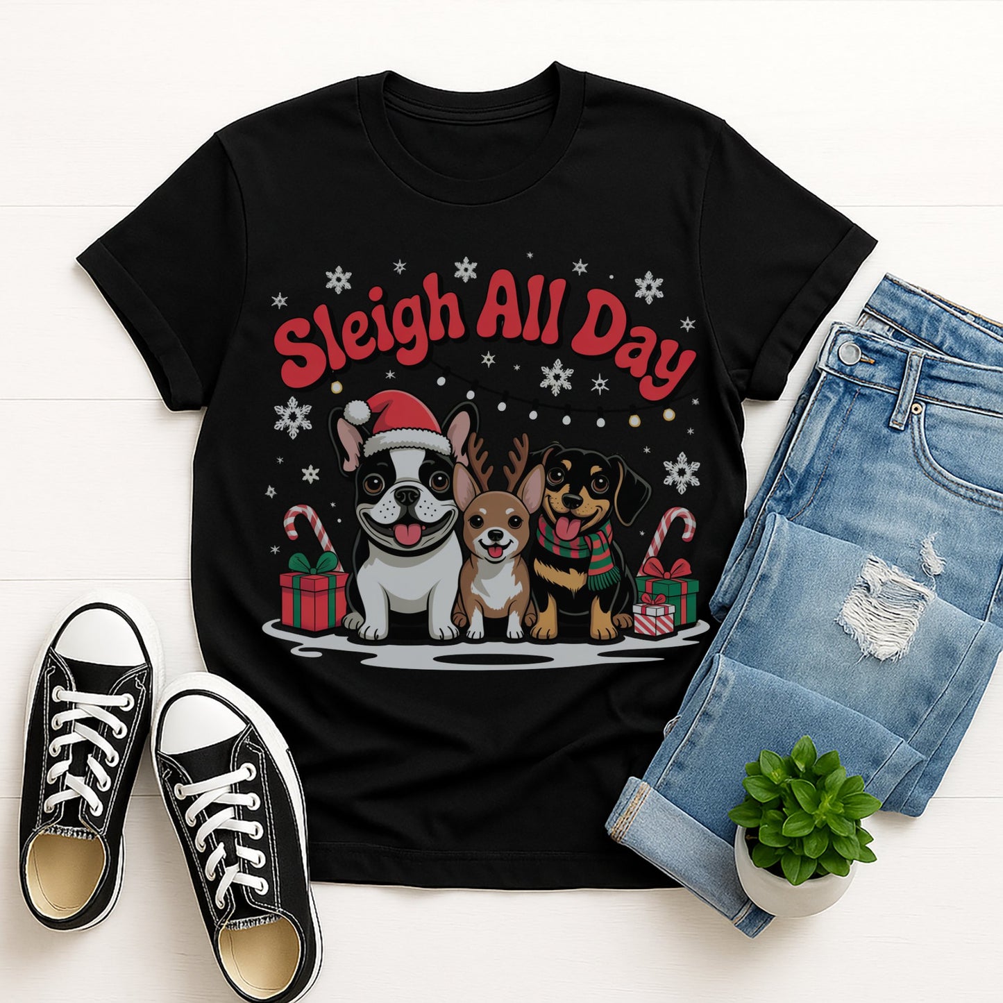 Black Gildan 6400 unisex t-shirt with retro dog graphic and ‘Sleigh All Day.’ text, perfect for dog lovers.