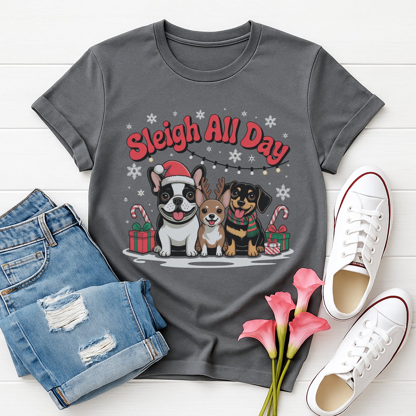 Charcoal Gray Gildan 6400 unisex t-shirt with retro dog graphic and ‘Sleigh All Day.’ text, perfect for dog lovers.