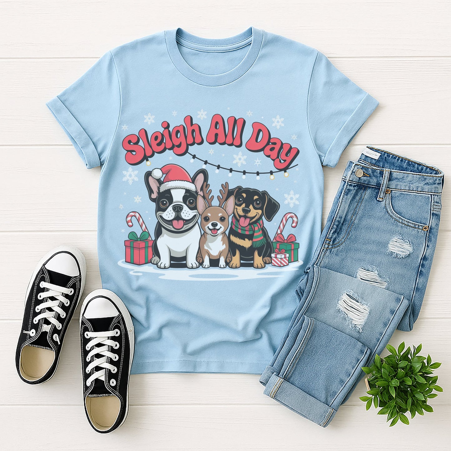 Light blue Gildan 6400 unisex t-shirt with retro dog graphic and ‘Sleigh All Day.’ text, perfect for dog lovers.