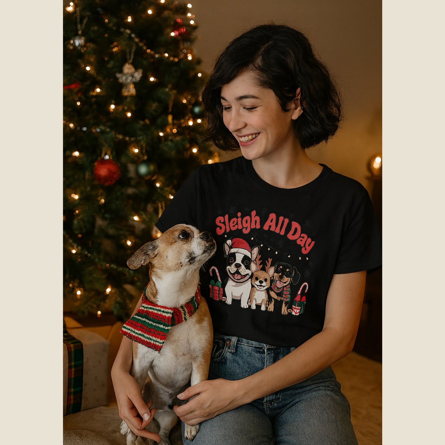 Black Gildan 6400 unisex t-shirt with retro dog graphic and ‘Sleigh All Day.’ text, perfect for dog lovers.
