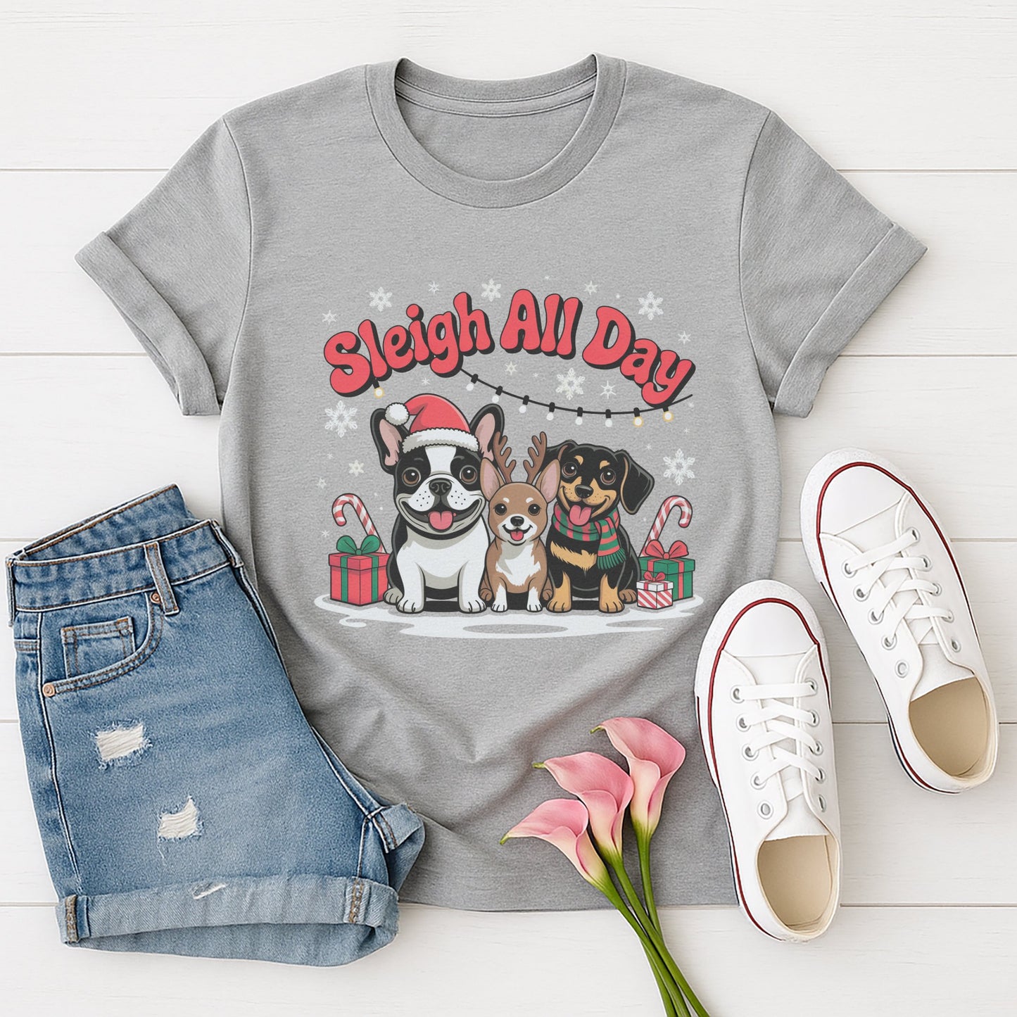Sport Gray Gildan 6400 unisex t-shirt with retro dog graphic and ‘Sleigh All Day.’ text, perfect for dog lovers.
