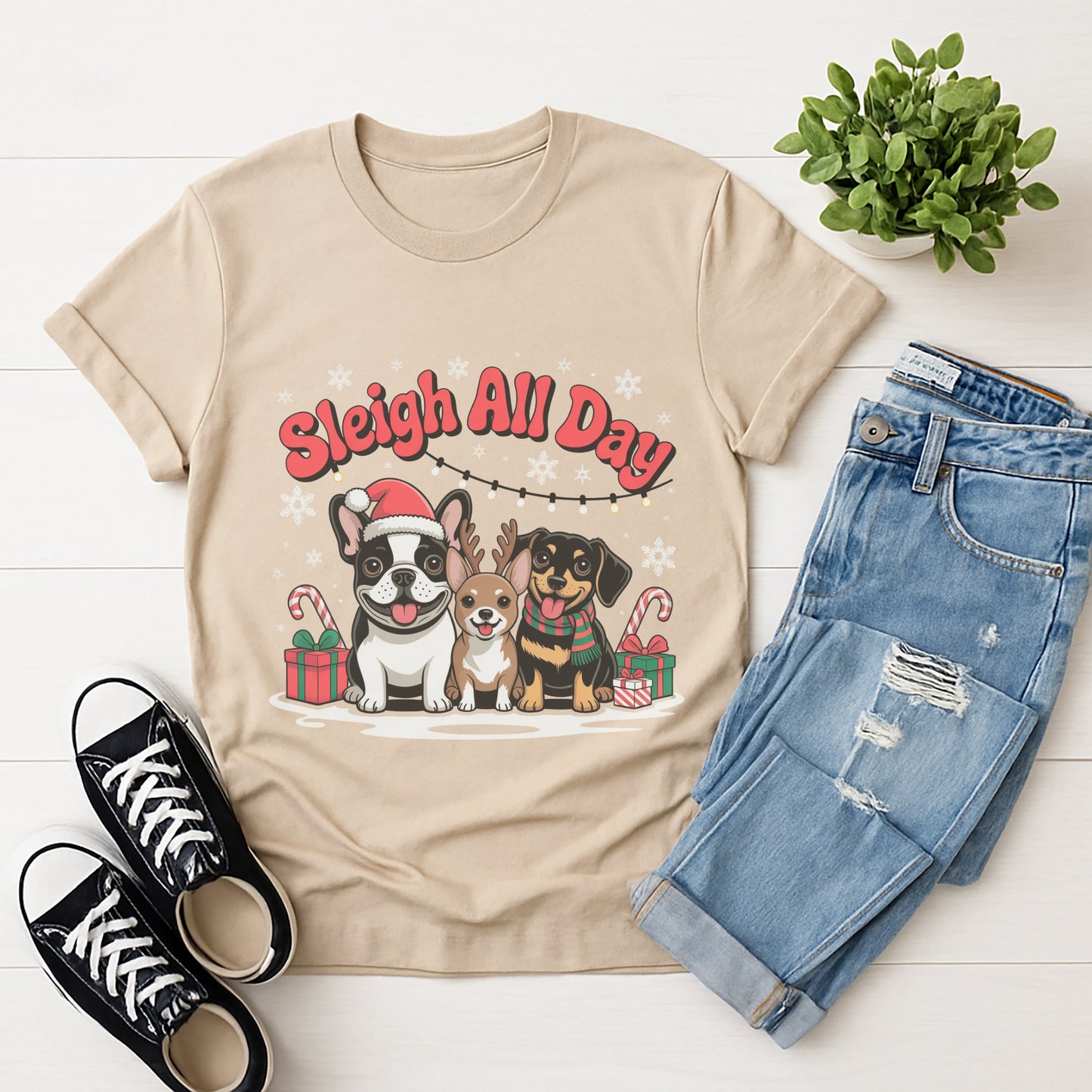 Sand Beige Gildan 6400 unisex t-shirt with retro dog graphic and ‘Sleigh All Day.’ text, perfect for dog lovers.