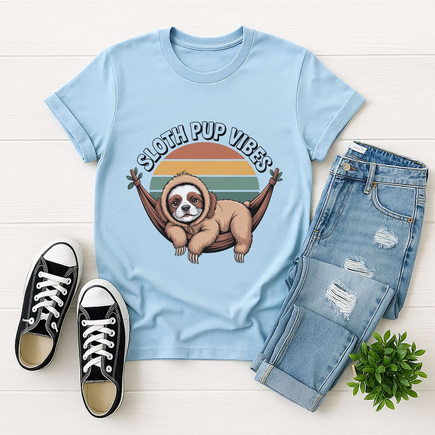 Light Blue Gildan 6400 unisex t-shirt with retro dog graphic and ‘Sloth Pup Vibes’ text, perfect for dog lovers.