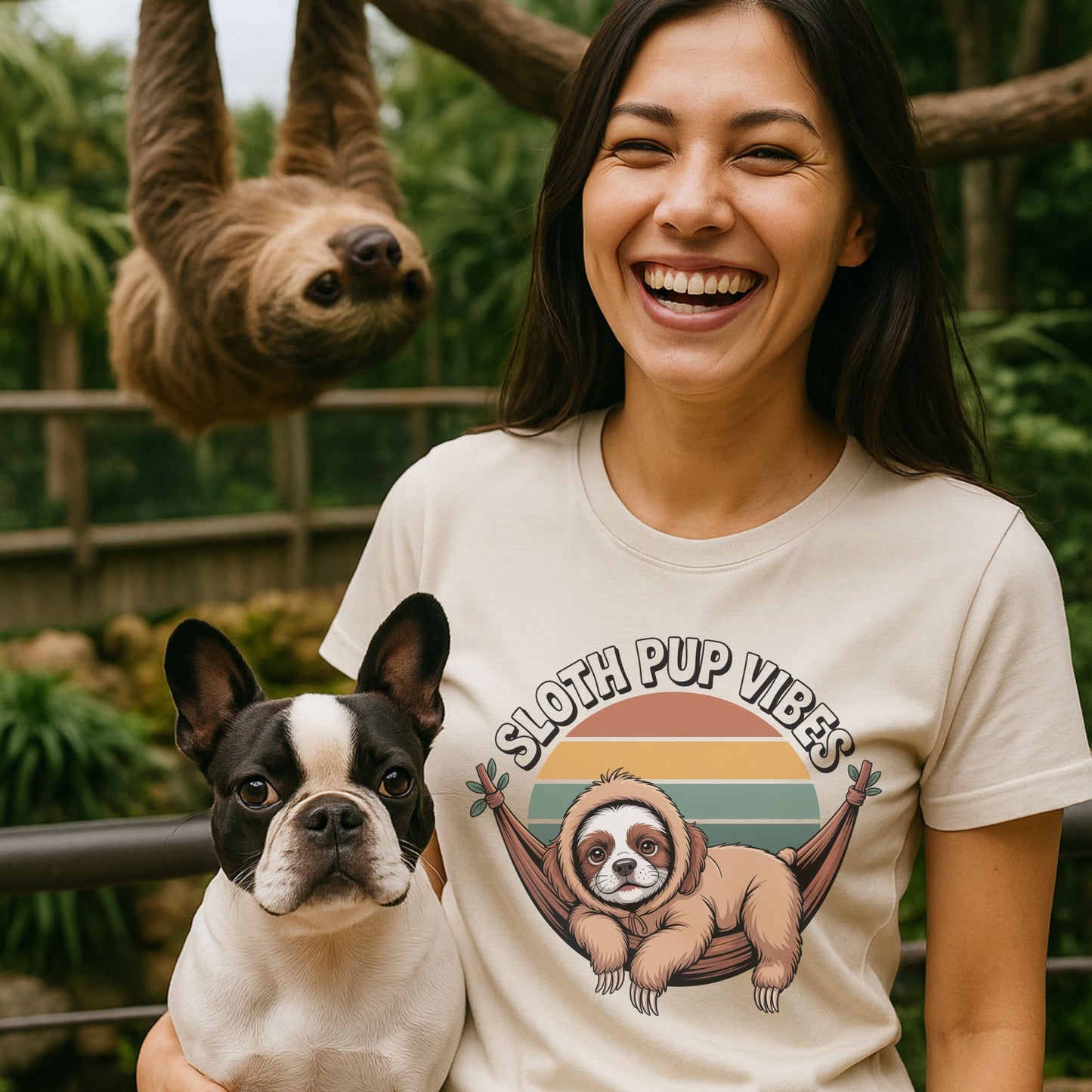 Unisex t-shirt with retro dog graphic and ‘Sloth Pup Vibes’ text, perfect for dog lovers.