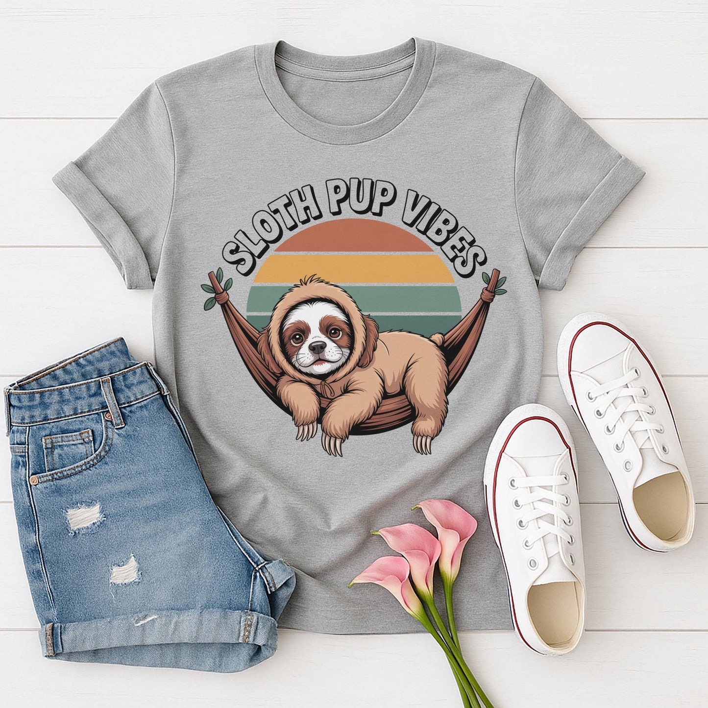 Sport Gray Gildan 6400 unisex t-shirt with retro dog graphic and ‘Sloth Pup Vibes’ text, perfect for dog lovers.