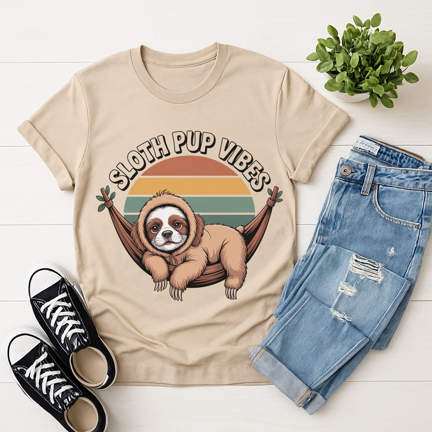 Sand Beige Gildan 6400 unisex t-shirt with retro dog graphic and ‘Sloth Pup Vibes’ text, perfect for dog lovers.