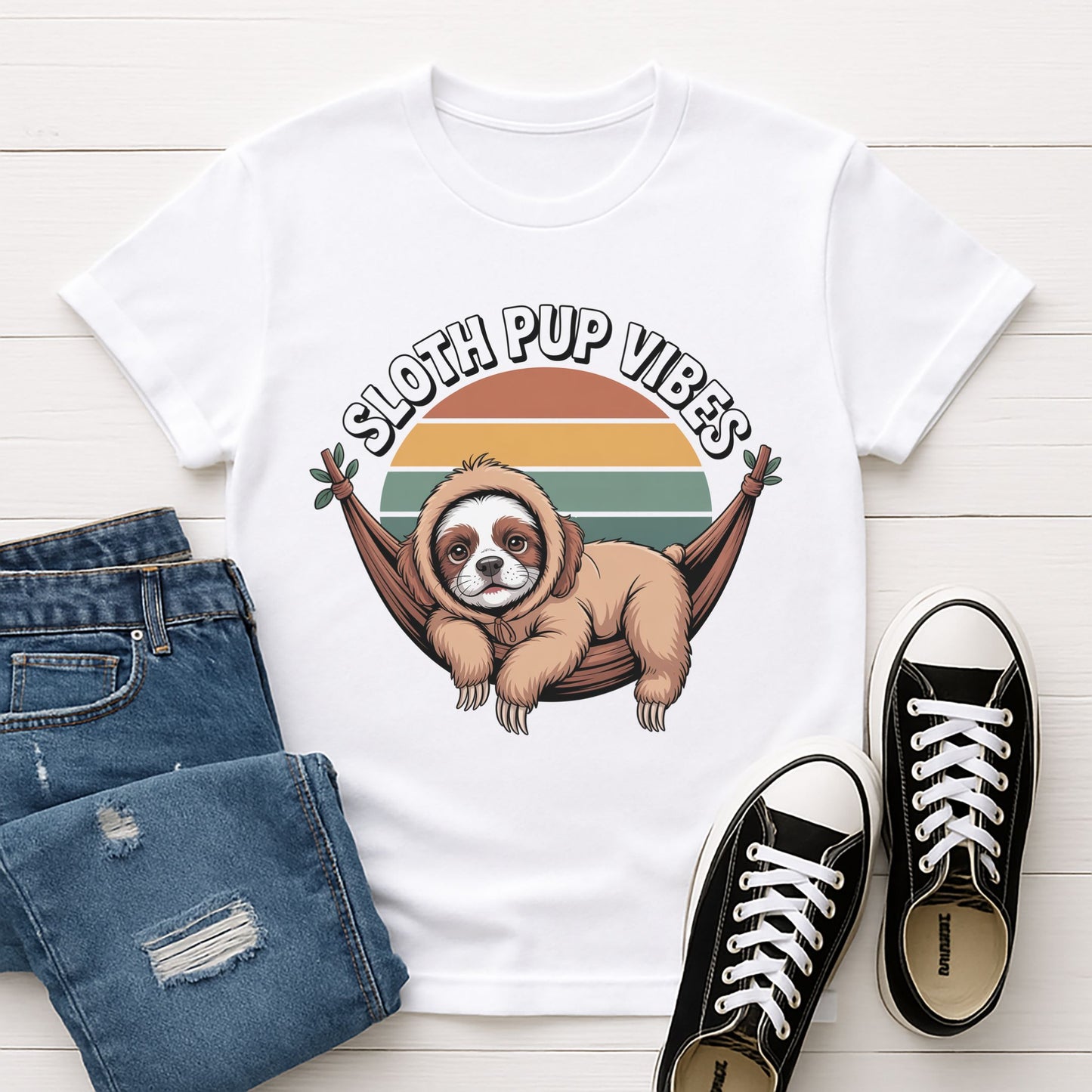 White Gildan 6400 unisex t-shirt with retro dog graphic and ‘Sloth Pup Vibes’ text, perfect for dog lovers.