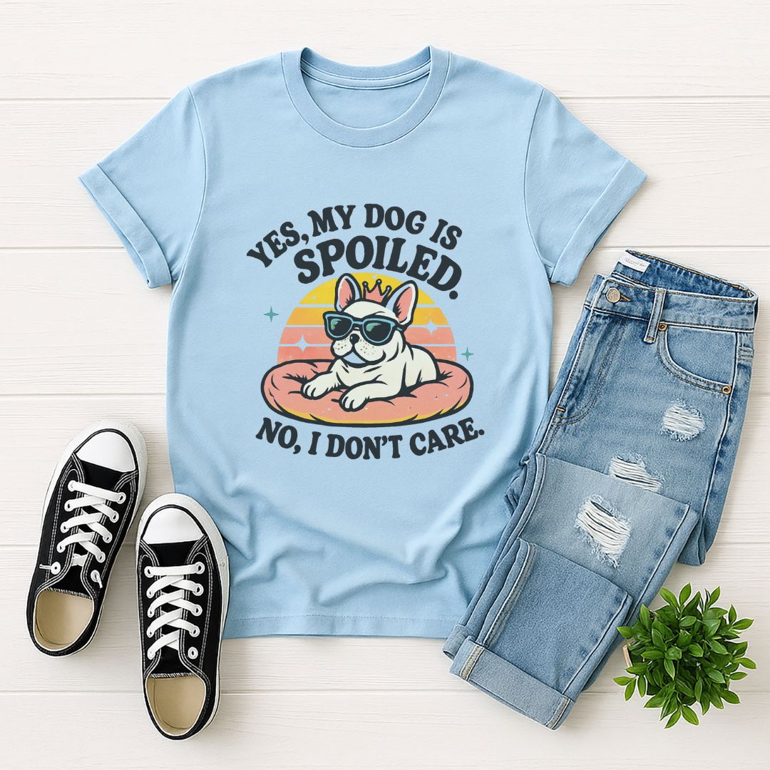 Light Blue Gildan 6400 unisex t-shirt with retro dog graphic and āYes, My Dog Is Spoiled - No, I Don't Careā text, perfect for dog lovers.