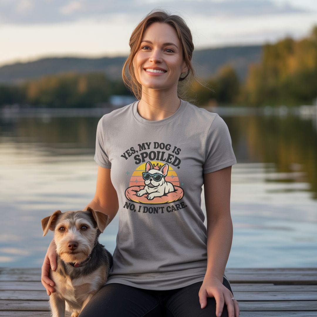 Sport Gray unisex t-shirt with retro dog graphic and āYes, My Dog Is Spoiled - No, I Don't Careā text, perfect for dog lovers.
