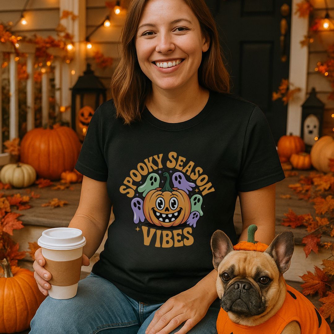 Black unisex t-shirt with retro dog graphic and ‘Spooky Season Vibes.’ text, perfect for dog lovers.