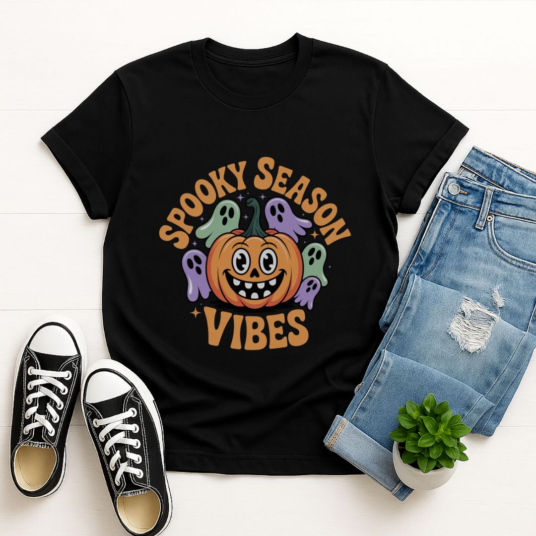 Black Gildan 6400 unisex t-shirt with retro dog graphic and ‘Spooky Season Vibes.’ text, perfect for dog lovers.