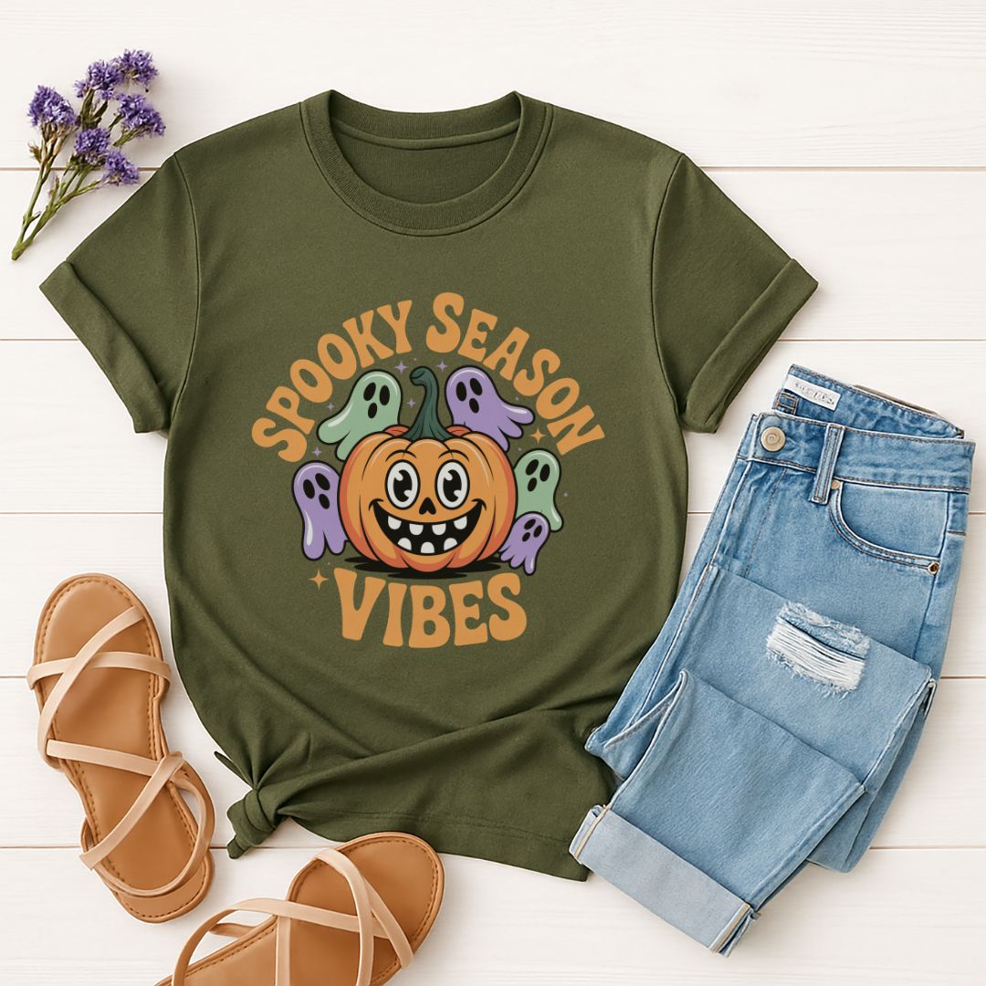 Military Green Gildan 6400 unisex t-shirt with retro dog graphic and ‘Spooky Season Vibes.’ text, perfect for dog lovers.
