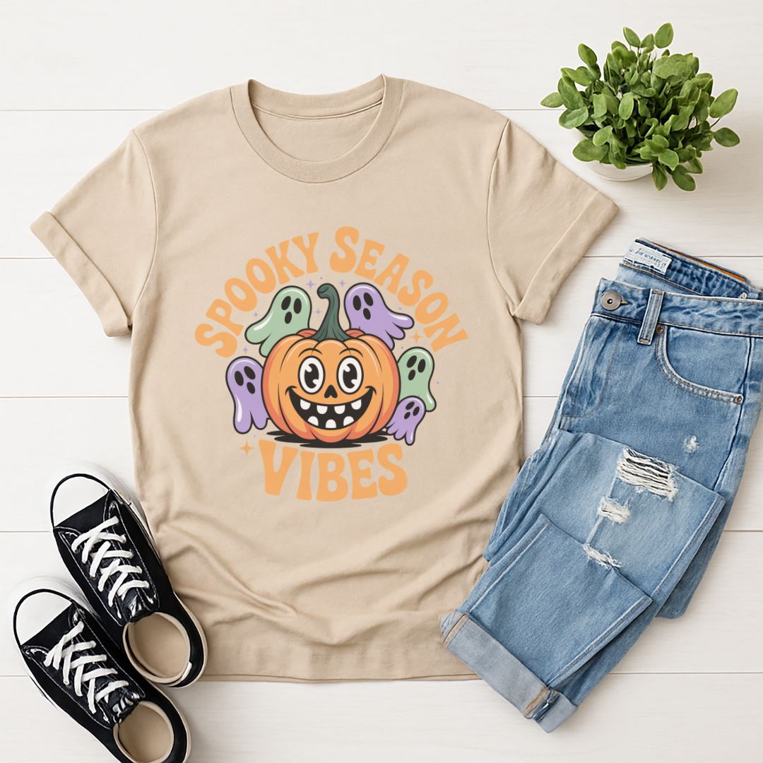 Sand Beige Gildan 6400 unisex t-shirt with retro dog graphic and ‘Spooky Season Vibes.’ text, perfect for dog lovers.