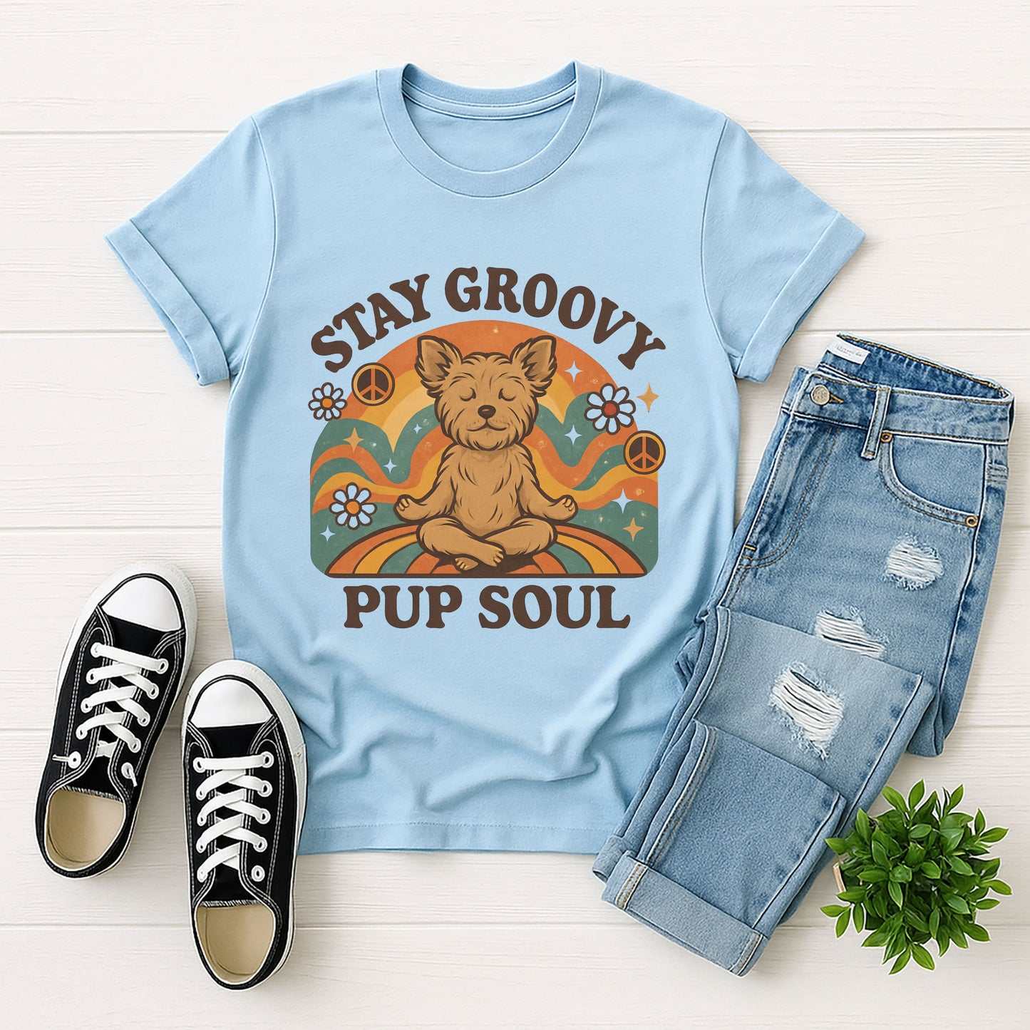 Light Blue Gildan 6400 unisex t-shirt with retro dog graphic and ‘Stay Groovy Pup Soul’ text, perfect for dog lovers.
