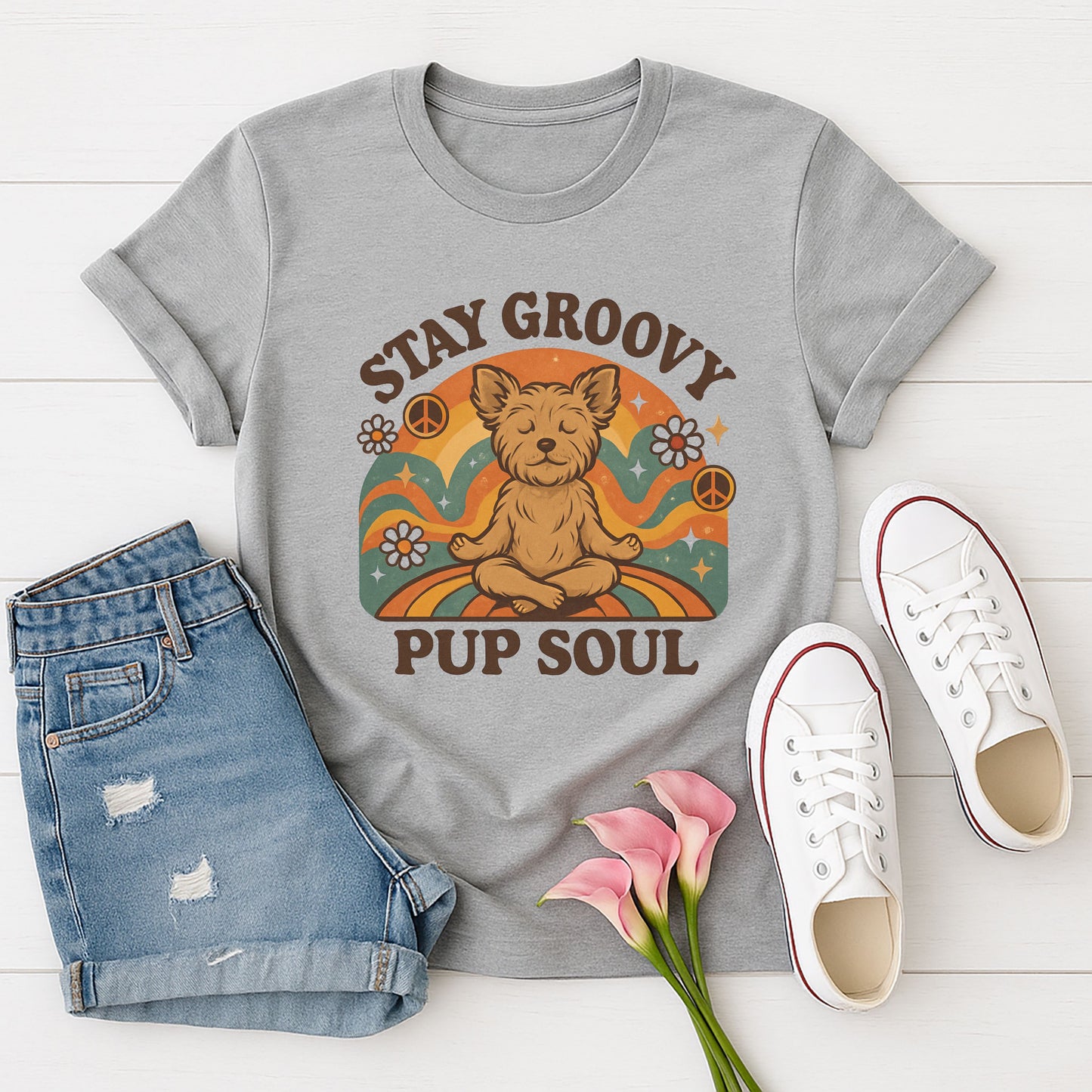 Sport Gray Gildan 6400 unisex t-shirt with retro dog graphic and ‘Stay Groovy Pup Soul’ text, perfect for dog lovers.
