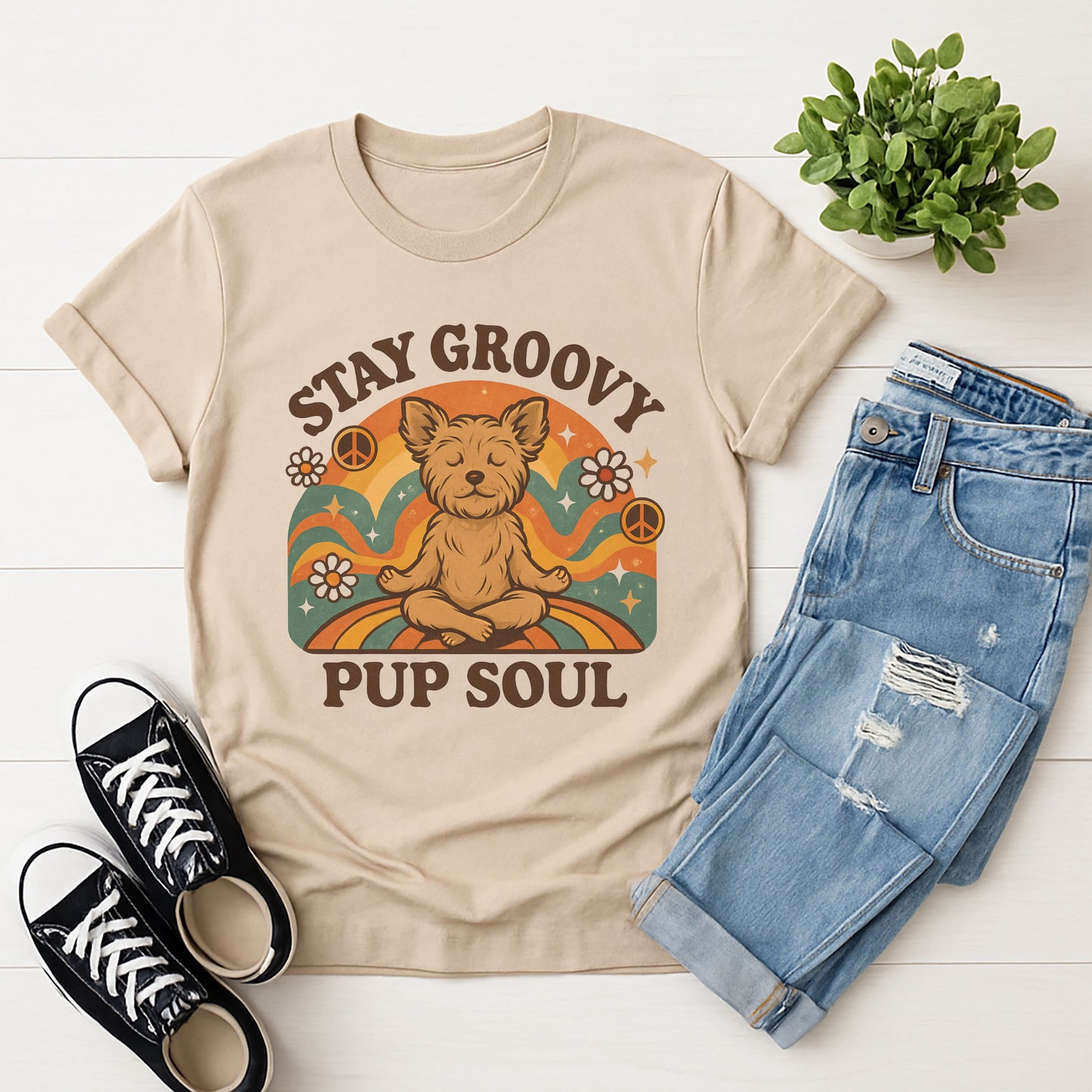 Sand Beige Gildan 6400 unisex t-shirt with retro dog graphic and ‘Stay Groovy Pup Soul’ text, perfect for dog lovers.