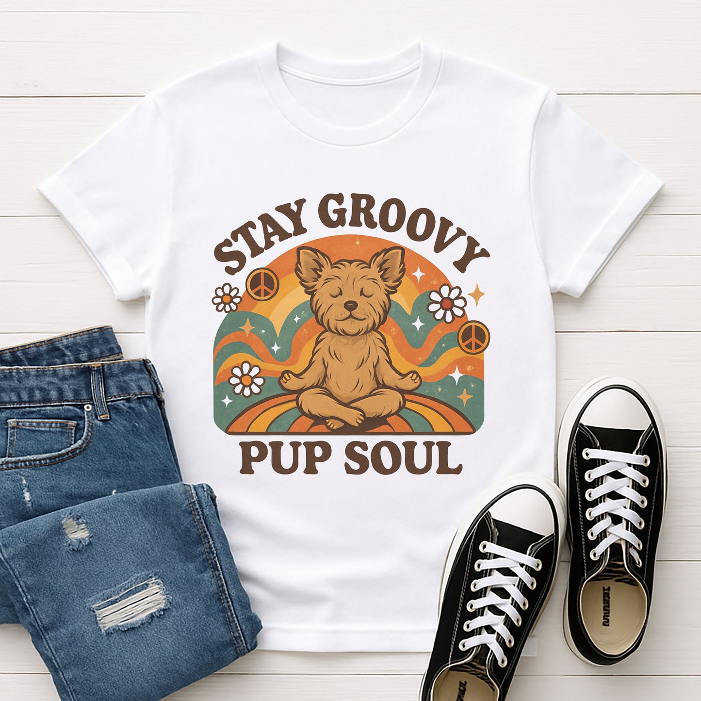 White Gildan 6400 unisex t-shirt with retro dog graphic and ‘Stay Groovy Pup Soul’ text, perfect for dog lovers.