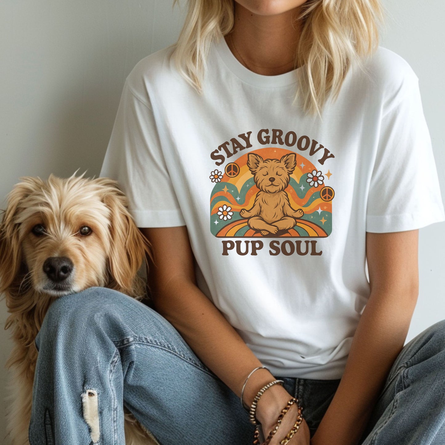 White Gildan 6400 unisex t-shirt with retro dog graphic and ‘Stay Groovy Pup Soul’ text, perfect for dog lovers.