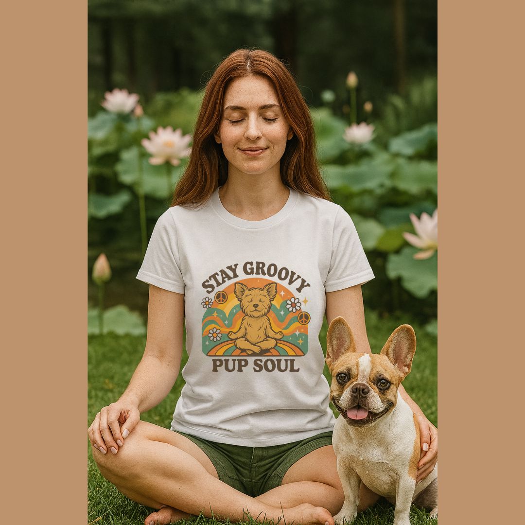 Unisex t-shirt with retro dog graphic and ‘Stay Groovy Pup Soul’ text, perfect for dog lovers.