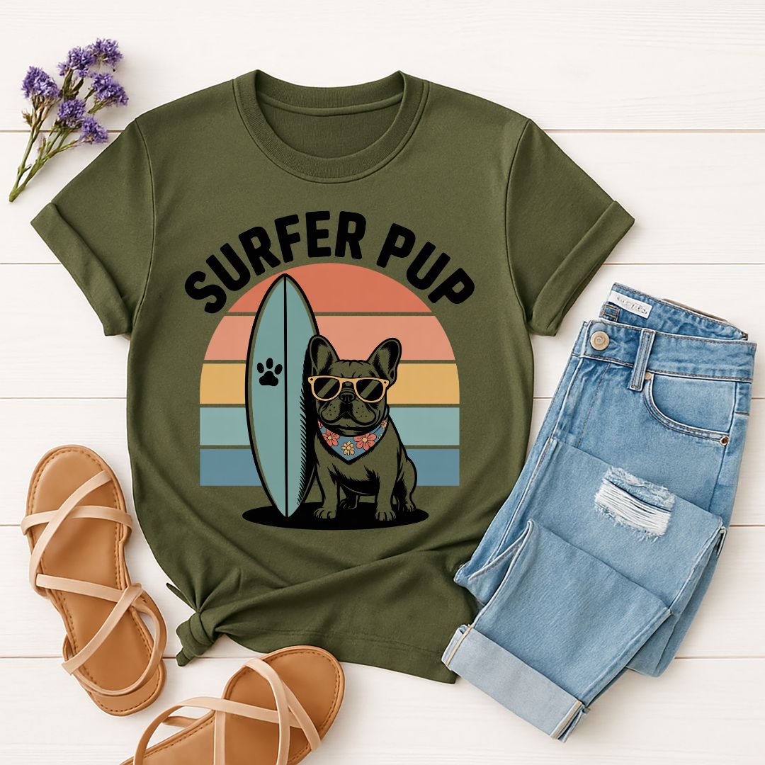 Military Green Gildan 6400 unisex t-shirt with retro dog graphic and ‘Surfer Pup.’ text, perfect for dog lovers.