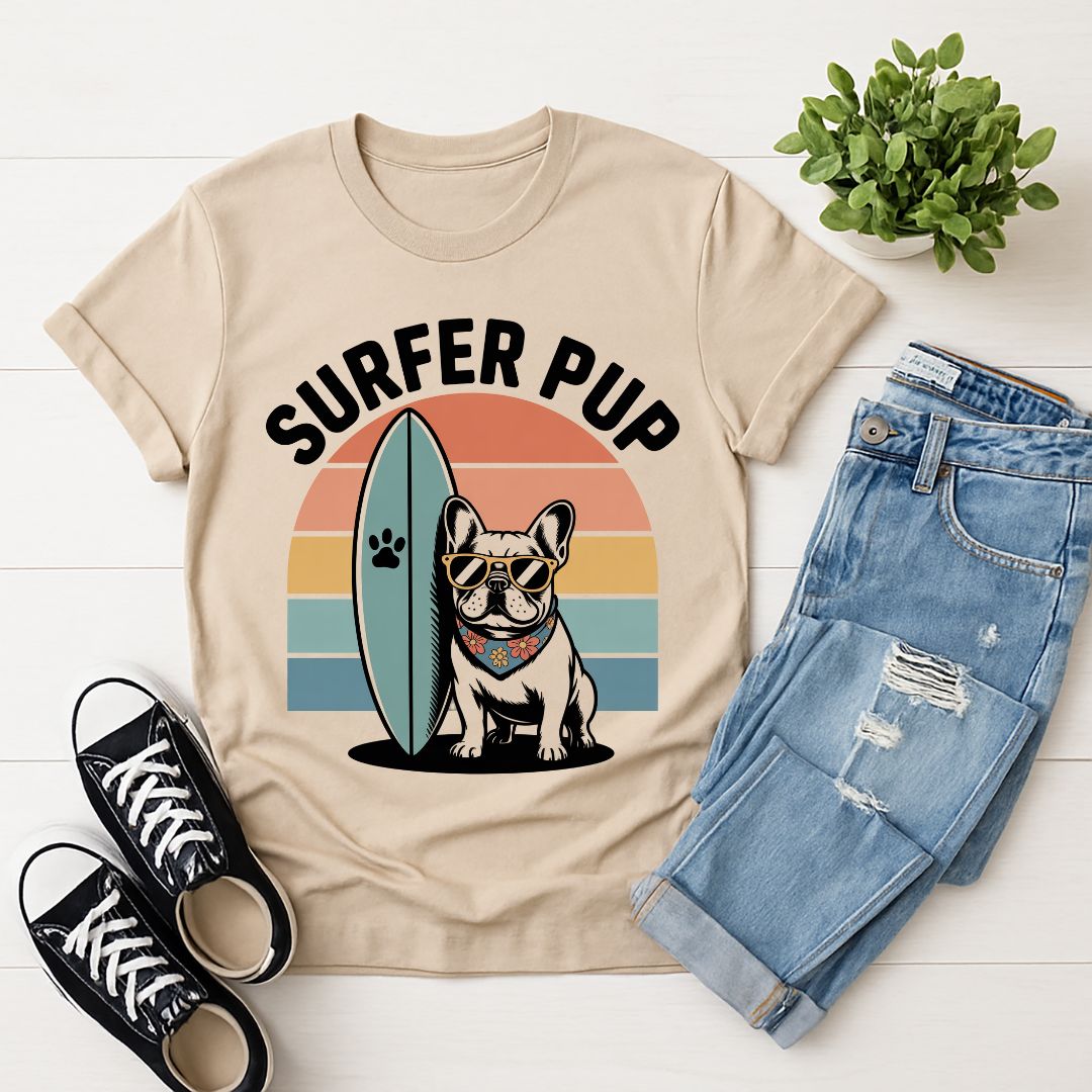 Sand Beige Gildan 6400 unisex t-shirt with retro dog graphic and ‘Surfer Pup.’ text, perfect for dog lovers.