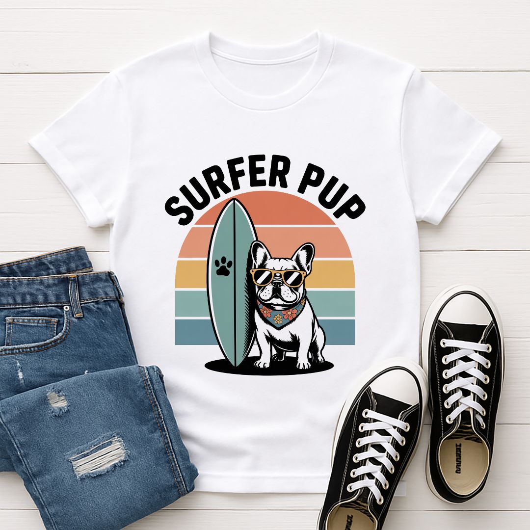 White Gildan 6400 unisex t-shirt with retro dog graphic and ‘Surfer Pup.’ text, perfect for dog lovers.