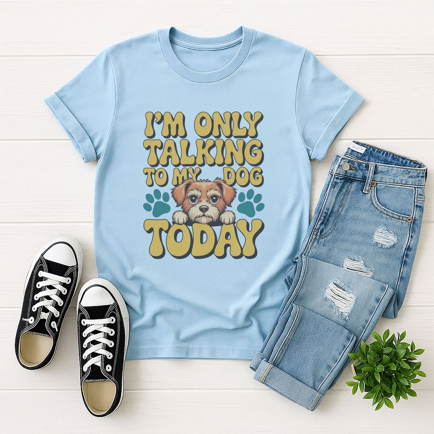 Light Blue Gildan 6400 unisex t-shirt with retro dog graphic and ‘I'm Only Talking To My Dog Today’ text, perfect for dog lovers.
