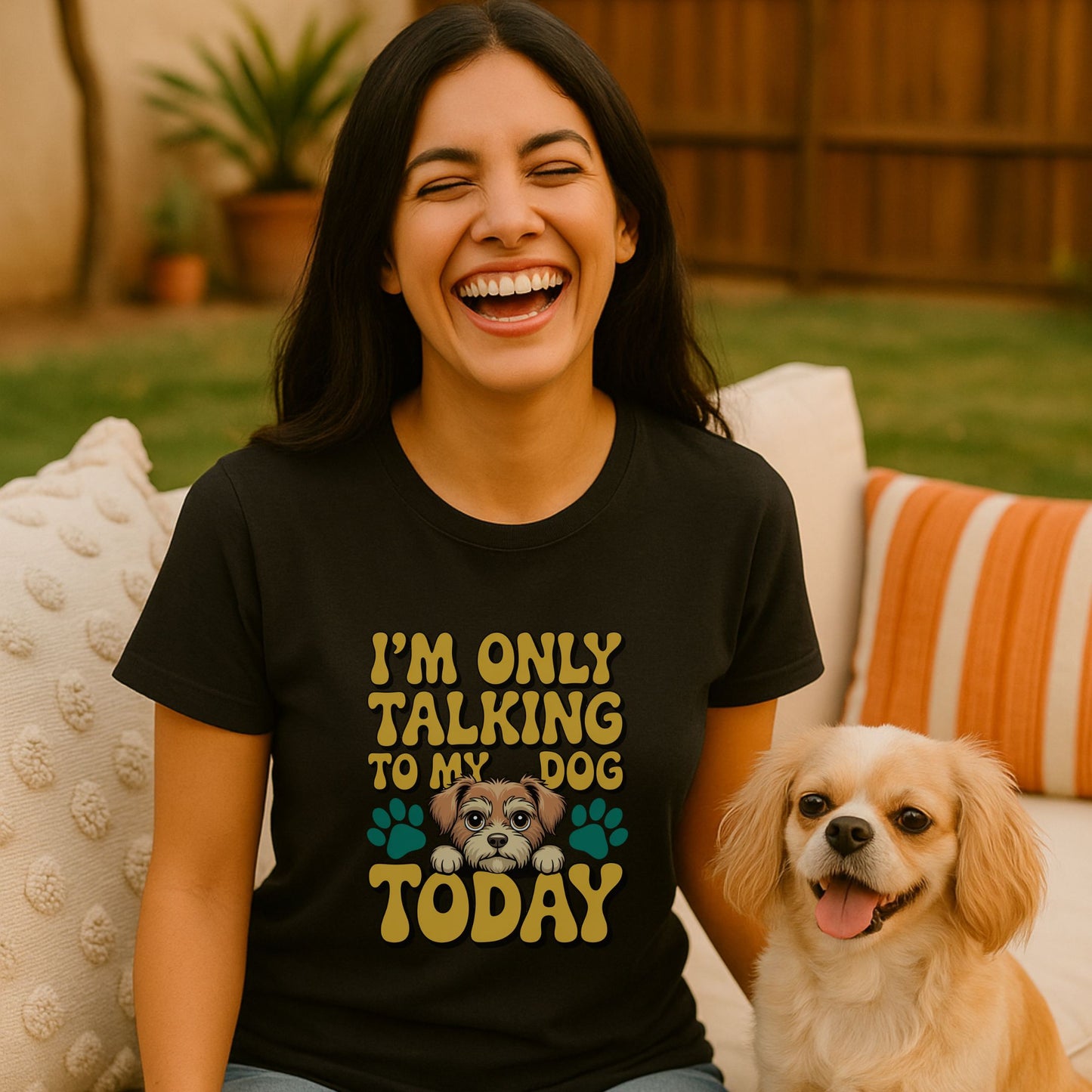 Black unisex t-shirt with retro dog graphic and ‘I'm Only Talking To My Dog Today’ text, perfect for dog lovers.