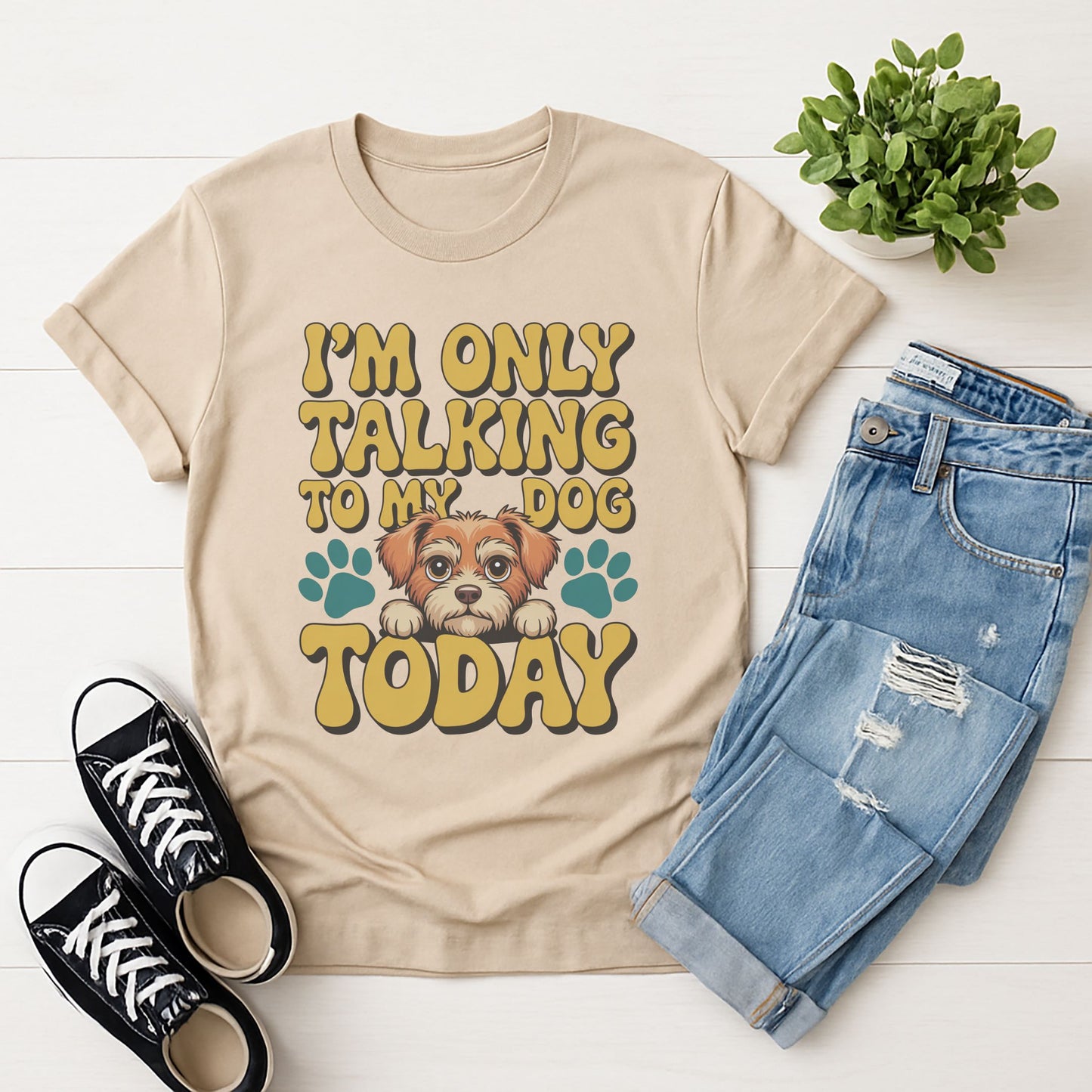Sand Beige Gildan 6400 unisex t-shirt with retro dog graphic and ‘I'm Only Talking To My Dog Today’ text, perfect for dog lovers.