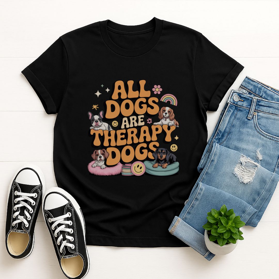 Black Gildan 6400 unisex t-shirt with retro dog graphic and ‘All Dogs Are Therapy Dogs' text, perfect for dog lovers.
