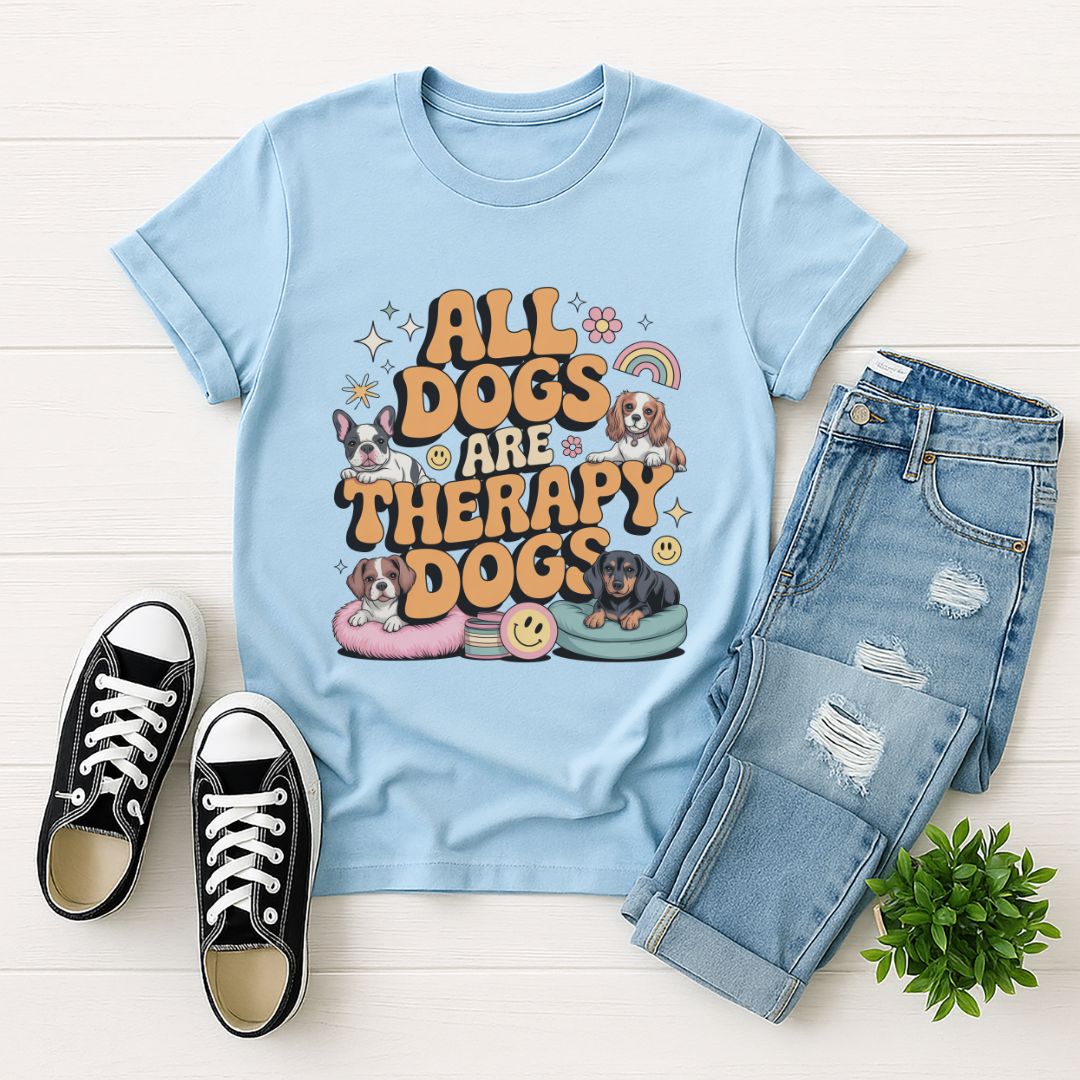 Light blue Gildan 6400 unisex t-shirt with retro dog graphic and ‘All Dogs Are Therapy Dogs' text, perfect for dog lovers.