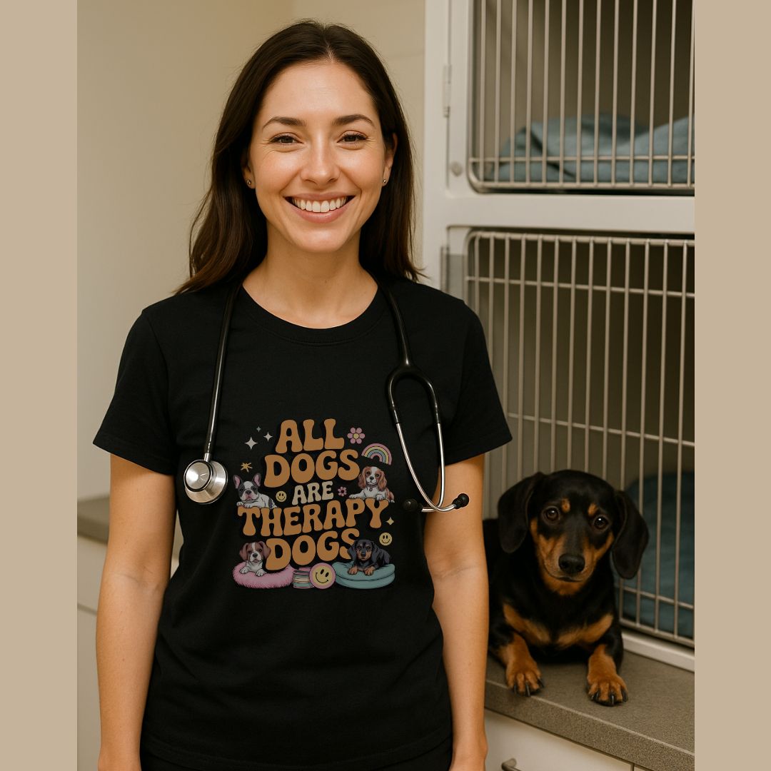 Black unisex t-shirt with retro dog graphic and ‘All Dogs Are Therapy Dogs' text, perfect for dog lovers.