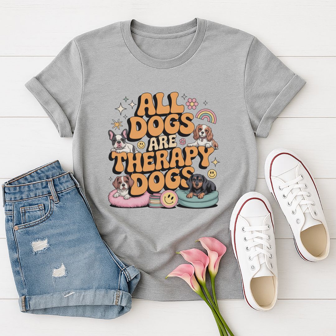 Sport Gray Gildan 6400 unisex t-shirt with retro dog graphic and ‘All Dogs Are Therapy Dogs' text, perfect for dog lovers.