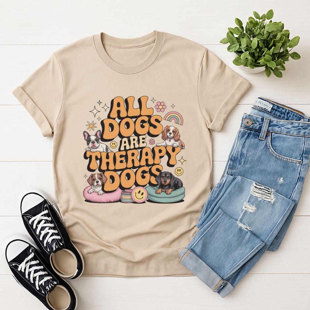 Sand Beige Gildan 6400 unisex t-shirt with retro dog graphic and ‘All Dogs Are Therapy Dogs' text, perfect for dog lovers.