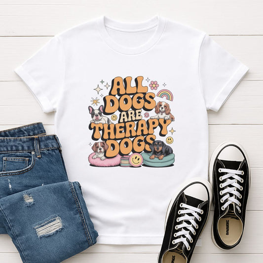 White Gildan 6400 unisex t-shirt with retro dog graphic and ‘All Dogs Are Therapy Dogs' text, perfect for dog lovers.