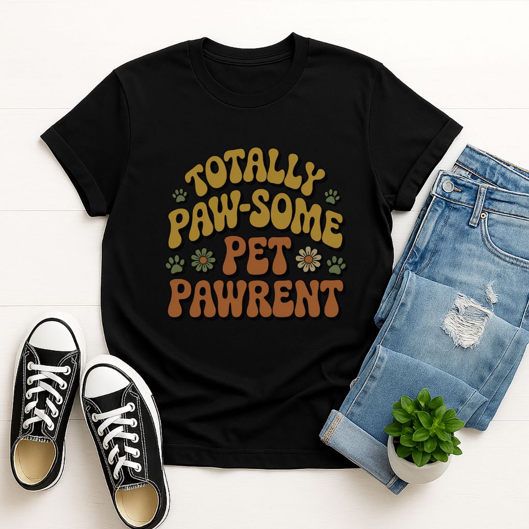 Black Gildan 6400 unisex t-shirt with retro dog graphic and ‘Totally Paw-some Pet Parent’ text, perfect for dog lovers.