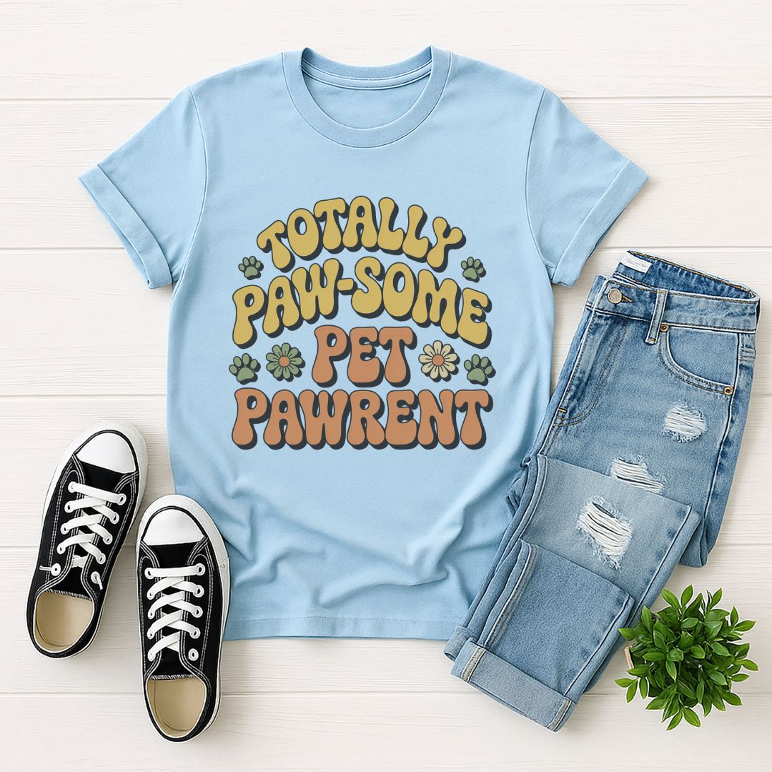Light Blue Gildan 6400 unisex t-shirt with retro dog graphic and ‘Totally Paw-some Pet Parent’ text, perfect for dog lovers.