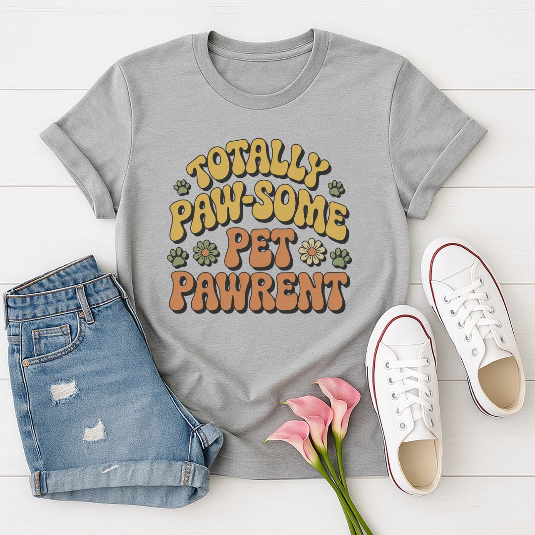 Sport Gray Gildan 6400 unisex t-shirt with retro dog graphic and ‘Totally Paw-some Pet Parent’ text, perfect for dog lovers.