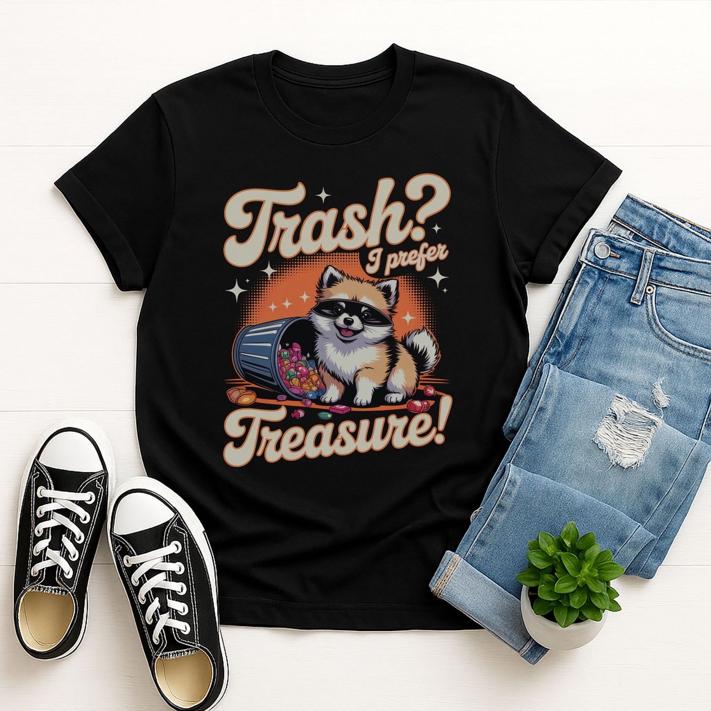 Black Gildan 6400 unisex t-shirt with retro dog graphic and ‘Trash? I Prefer Treasure!’ text, perfect for dog lovers.