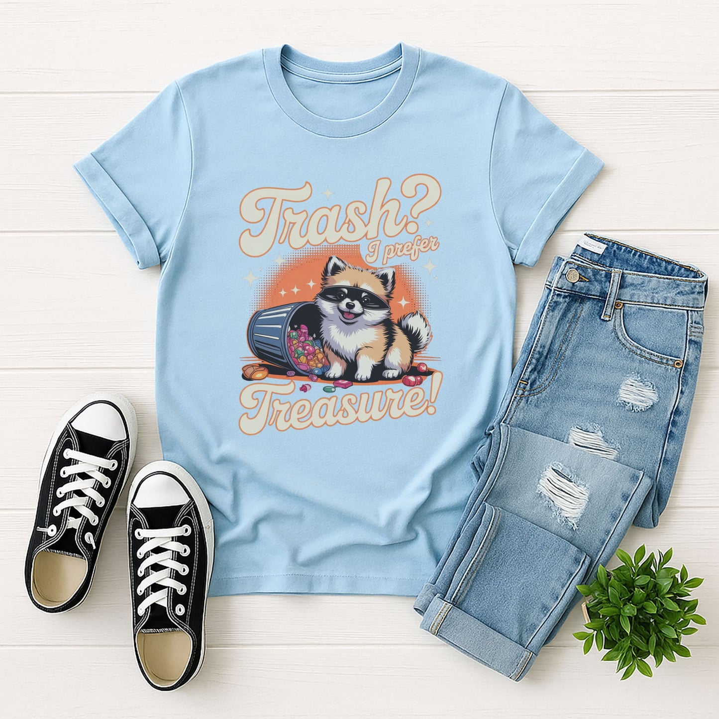 Light Blue Gildan 6400 unisex t-shirt with retro dog graphic and ‘Trash? I Prefer Treasure!’ text, perfect for dog lovers.