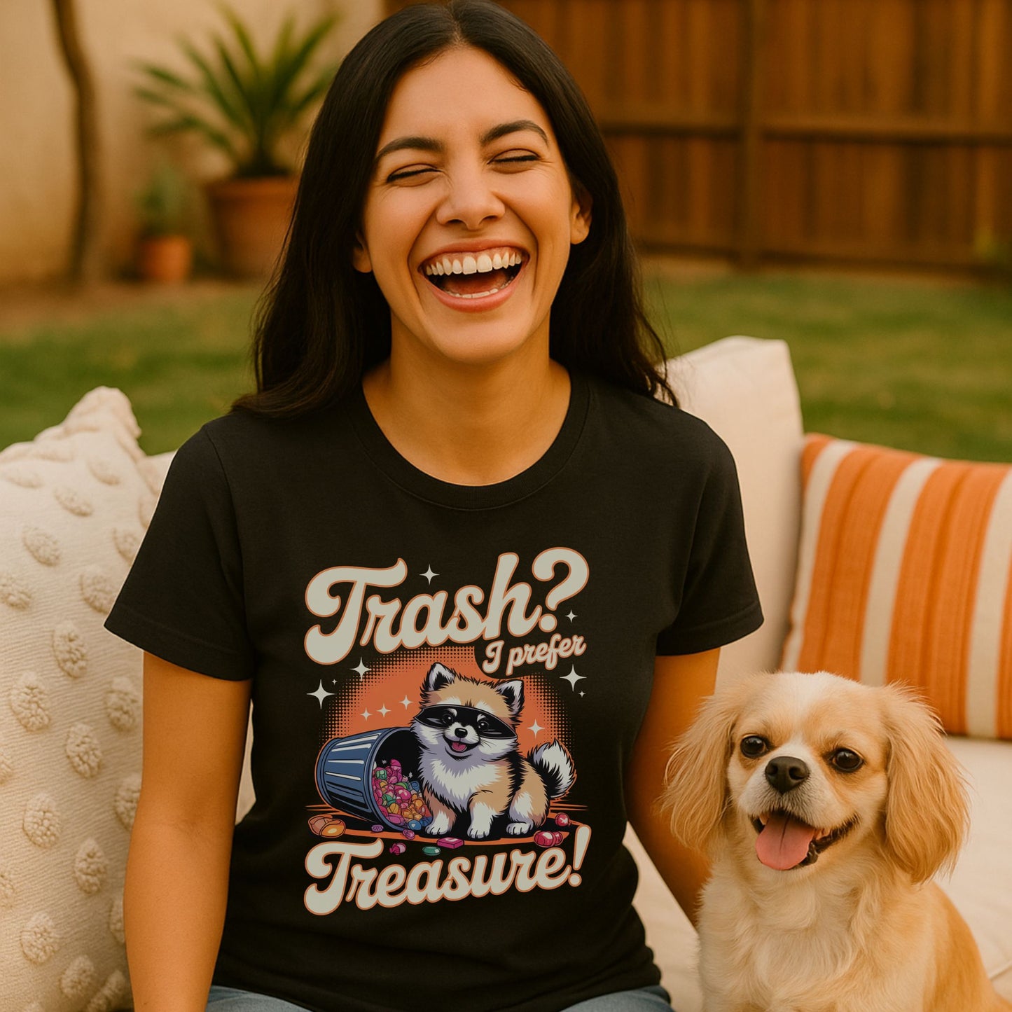 Black unisex t-shirt with retro dog graphic and ‘Trash? I Prefer Treasure!’ text, perfect for dog lovers.