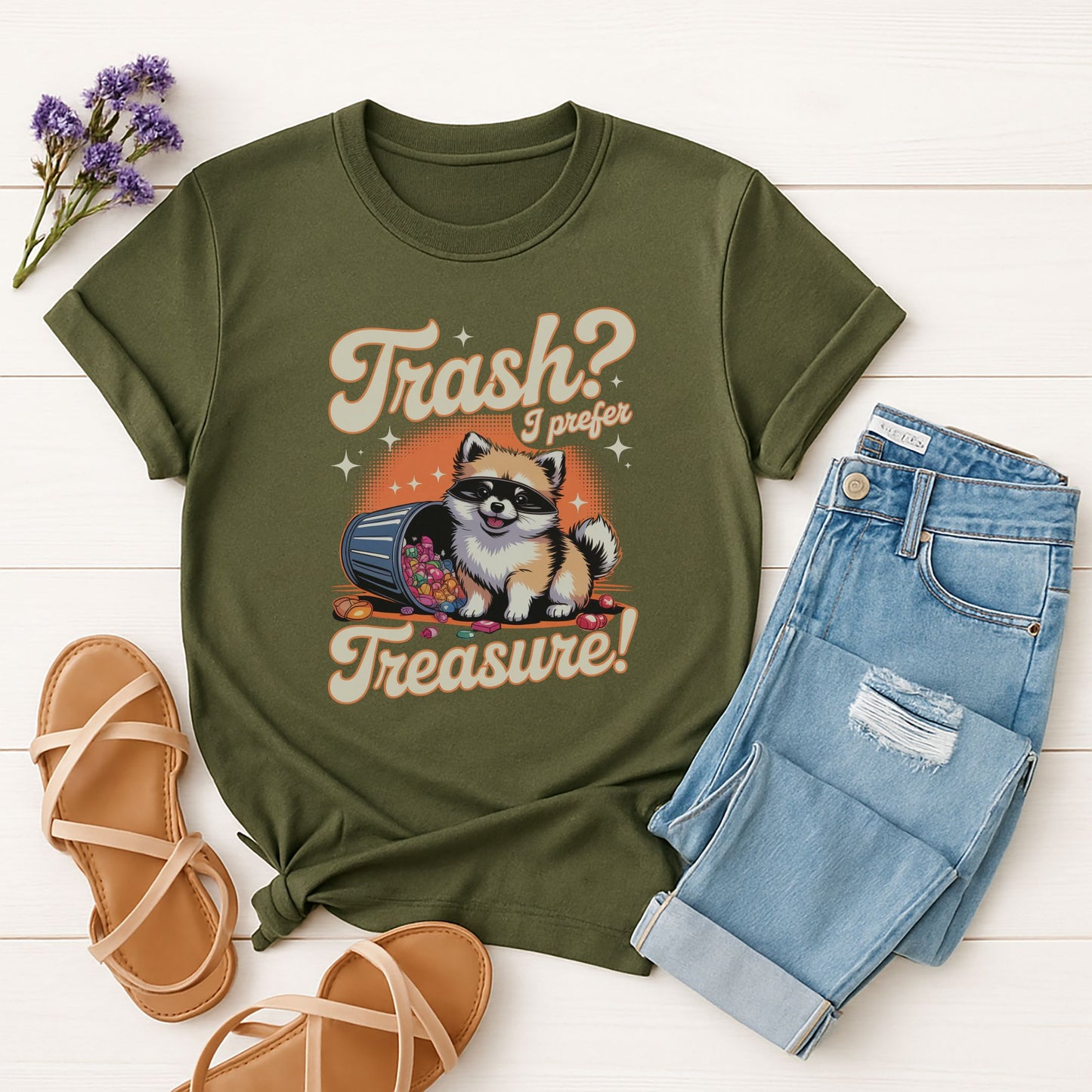 Military Green Gildan 6400 unisex t-shirt with retro dog graphic and ‘Trash? I Prefer Treasure!’ text, perfect for dog lovers.