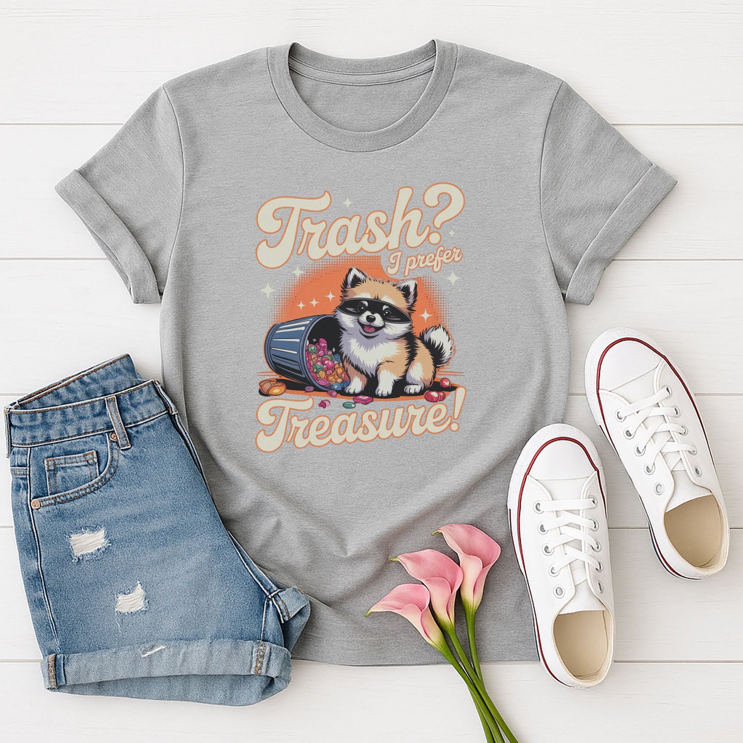 Sport Gray Gildan 6400 unisex t-shirt with retro dog graphic and ‘Trash? I Prefer Treasure!’ text, perfect for dog lovers.
