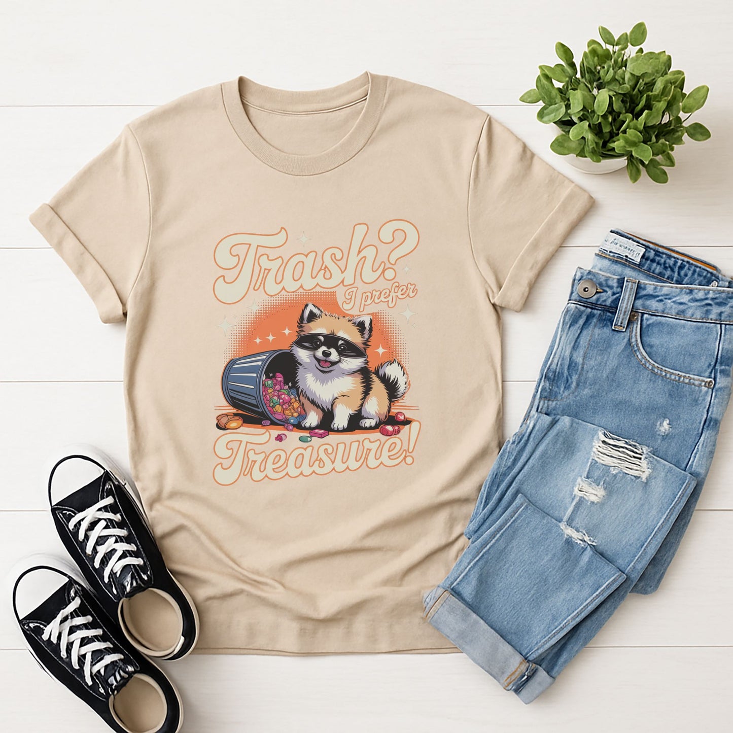 Sand Beige Gildan 6400 unisex t-shirt with retro dog graphic and ‘Trash? I Prefer Treasure!’ text, perfect for dog lovers.