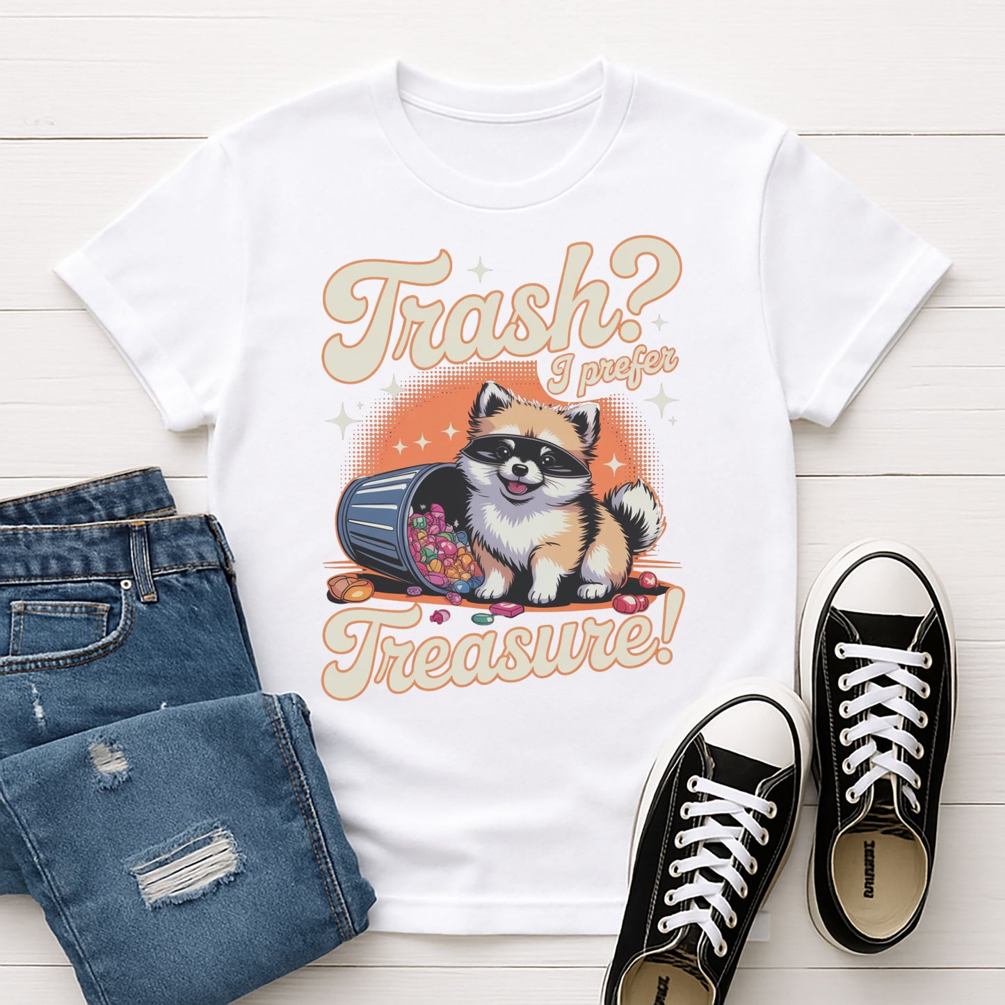 White Gildan 6400 unisex t-shirt with retro dog graphic and ‘Trash? I Prefer Treasure!’ text, perfect for dog lovers.