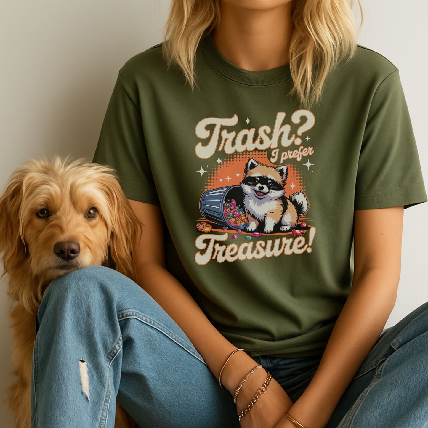 Military Green unisex t-shirt with retro dog graphic and ‘Trash? I Prefer Treasure!’ text, perfect for dog lovers.