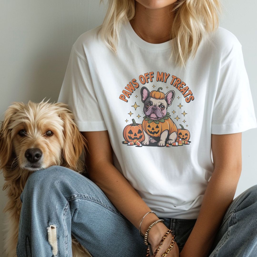 White unisex t-shirt with retro dog graphic and ‘Paws Off My Treats’ text, perfect for dog lovers.