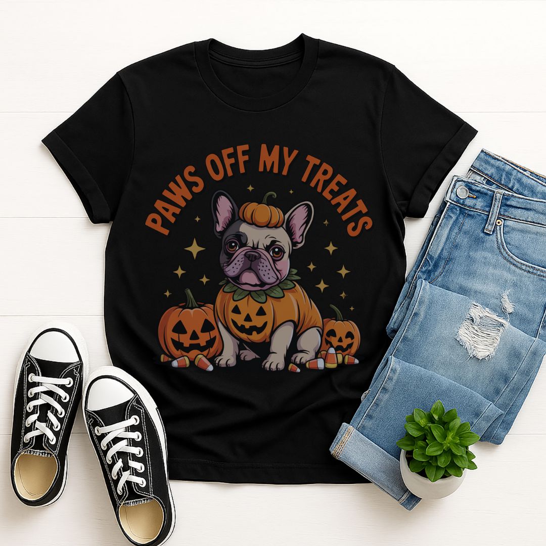 Black Gildan 6400 unisex t-shirt with retro dog graphic and ‘Paws Off My Treats’ text, perfect for dog lovers.